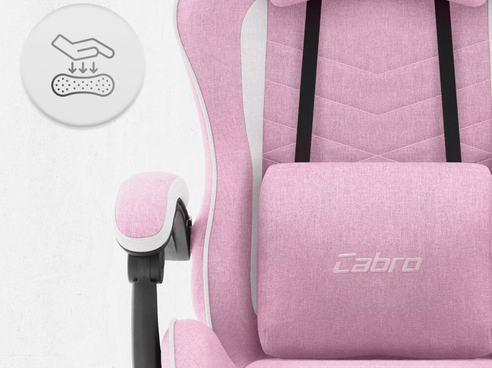 Fotel CABRO C500 Różowo-Biały Zbliżenie na oparcie i podłokietnik fotela z ikoną dłoni naciskającej miękką piankę wypełniającą fotel gamingowy z oddychającą tapicerką z tkaniny