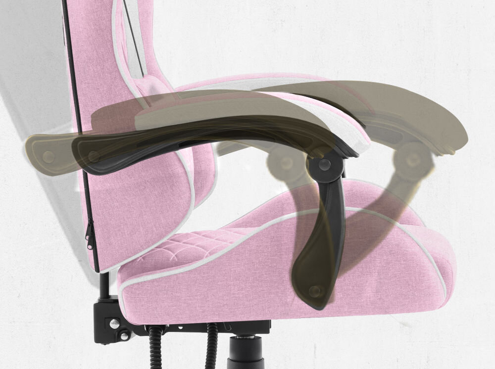 Fotel CABRO C500 Różowo-Biały Widok z profilu na podłokietnik fotela z graficznym zaznaczeniem możliwości jego regulacji i dopasowania do rąk fotel gamingowy z systemem linkage armrests podłokietników