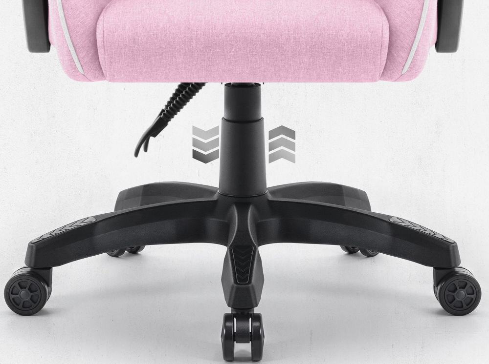 Fotel CABRO C500 Różowo-Biały Zbliżenie na dolną część fotela, prezentujące pięcioramienną podstawę, kółka oraz mechanizm podnośnika gazowego fotel gamingowy z regulacją wysokości siedziska gazowym siłownikiem