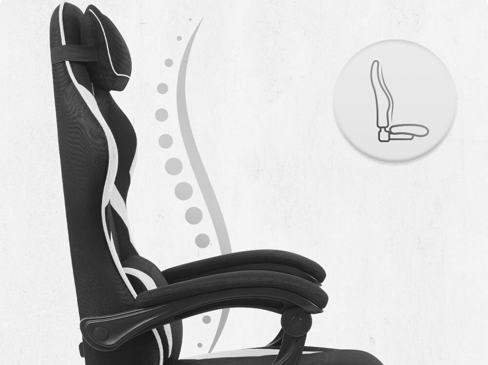 Fotel CABRO C502 Czarno-Biały Profil fotela z ikoną prezentującą ergonomiczny kształt oparcia dopasowany do naturalnej krzywizny kręgosłupa ergonomiczny fotel gamingowy do pracy i grania