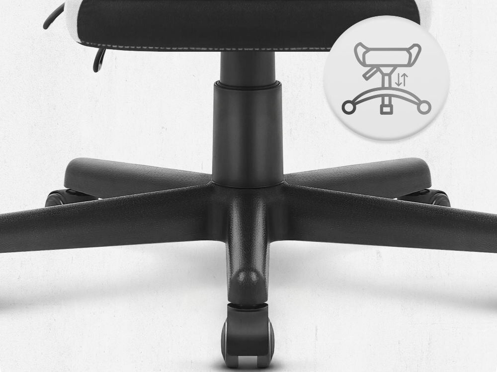 Fotel CABRO C502 Czarno-Biały Widok na podstawę fotela z ikoną ilustrującą funkcję regulacji wysokości siedziska fotel gamingowy z pięcioramienną nylonową podstawą