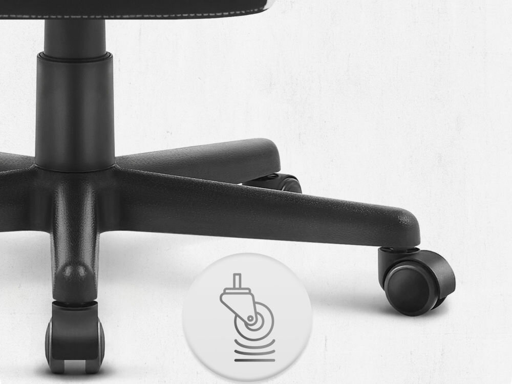 Fotel CABRO C502 Czarno-Biały Zbliżenie na kółka fotela gamingowego z ikoną sugerującą płynność ruchu lub cichą pracę mechanizmu fotel gamingowy z solidnymi kółkami trwałe materiały ochrona podłogi