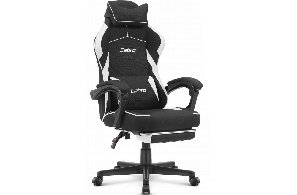 Fotel CABRO C502 Czarno-Biały prezentacja fotela na jasnym tle od przodu pod kątem fotel gamingowy z dopasowanymi wymiarami do biurka