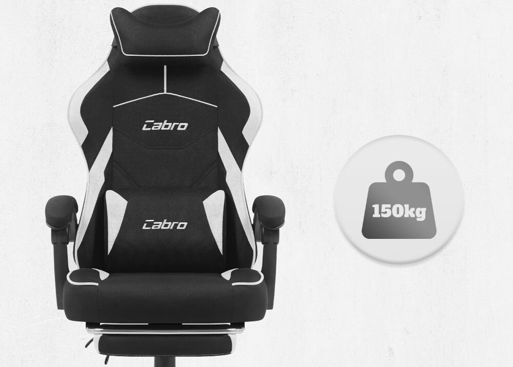Fotel CABRO C502 Czarno-Biały Widok od przodu na fotel gamingowy z ikoną informującą o maksymalnym obciążeniu wynoszącym 150 kg wytrzymały fotel gamingowy o nośności 150 kg