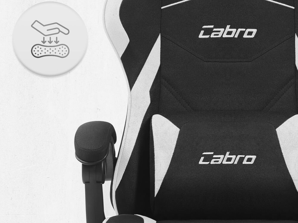 Fotel CABRO C502 Czarno-Biały Zbliżenie na oparcie i podłokietnik fotela z ikoną dłoni naciskającej miękką piankę wypełniającą fotel gamingowy z oddychającą tapicerką z tkaniny