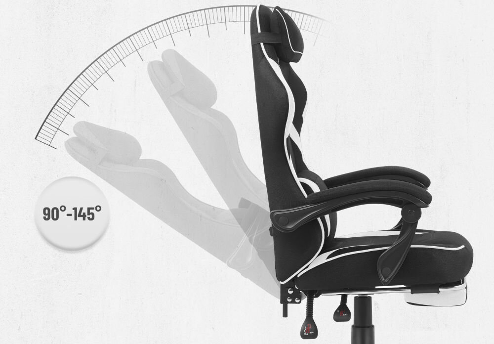 Fotel CABRO C502 Czarno-Biały Grafika prezentująca mechanizm regulacji kąta nachylenia oparcia fotela w zakresie od 90 do 145 stopni fotel gamingowy z regulacją oparcia do 145 stopni
