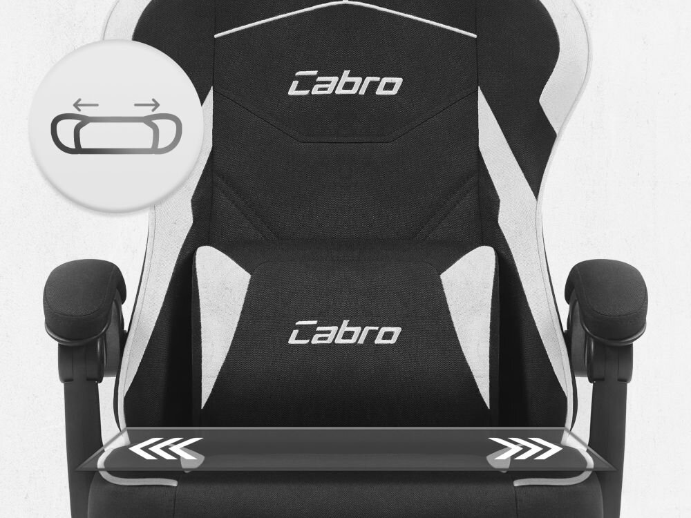 Fotel CABRO C502 Czarno-Biały Zbliżenie na siedzisko oraz poduszkę lędźwiową fotela gamingowego z logo marki i ikoną profilowanej poduszki fotel gamingowy z ergonomicznym siedziskiem z pianką