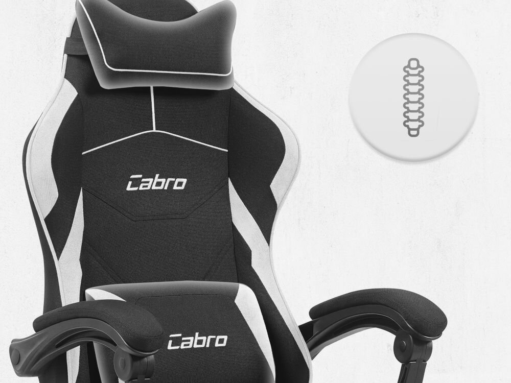 Fotel CABRO C502 Czarno-Biały Górna część fotela gamingowego z widocznym zagłówkiem i ikoną wsparcia kręgosłupa na całej długości pleców fotel gamingowy z poduszką lędźwiową i poduszką pod kark