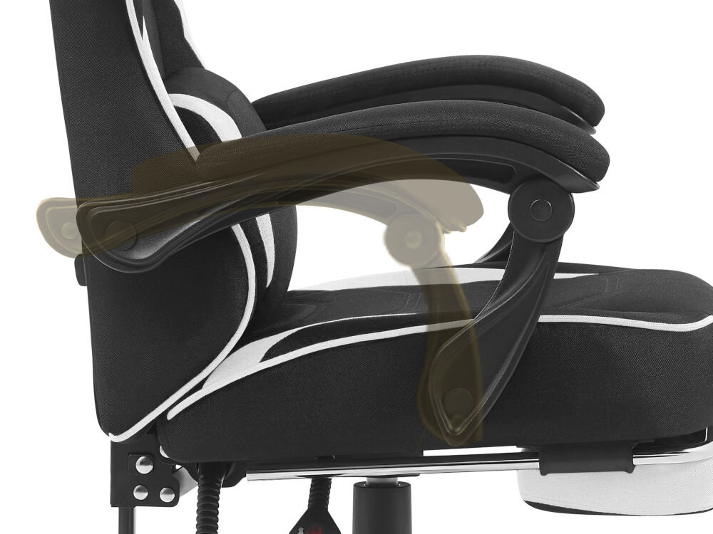 Fotel CABRO C502 Czarno-Biały Widok z profilu na podłokietnik fotela z graficznym zaznaczeniem możliwości jego regulacji i dopasowania do rąk fotel gamingowy z systemem linkage armrests podłokietników