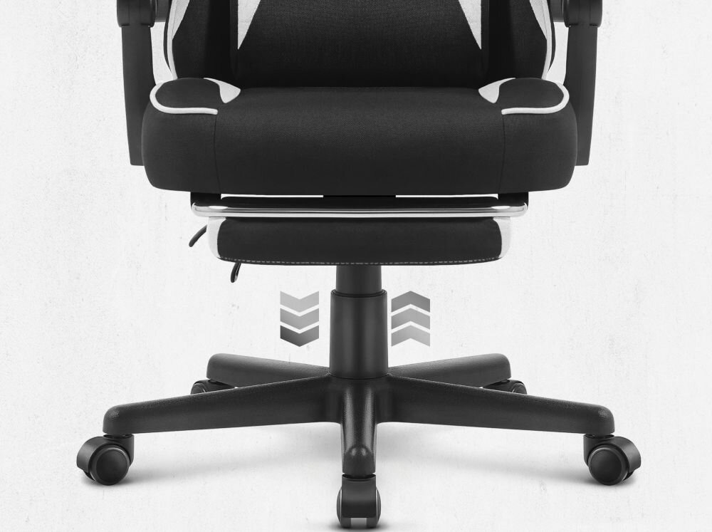 Fotel CABRO C502 Czarno-Biały Zbliżenie na dolną część fotela, prezentujące pięcioramienną podstawę, kółka oraz mechanizm podnośnika gazowego fotel gamingowy z regulacją wysokości siedziska gazowym siłownikiem