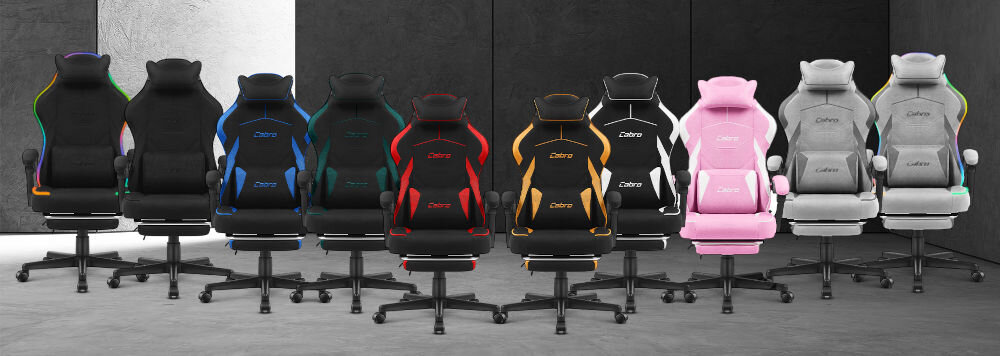 Fotel CABRO C502 Czarno-Zielony Zestawienie różnych modeli foteli gamingowych z tej samej serii, prezentujące dostępne warianty wykończenia i detali ergonomiczny fotel gamingowy z podnóżkiem i regulacją oparcia