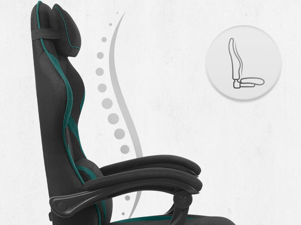 Fotel CABRO C502 Czarno-Zielony Profil fotela z ikoną prezentującą ergonomiczny kształt oparcia dopasowany do naturalnej krzywizny kręgosłupa ergonomiczny fotel gamingowy do pracy i grania