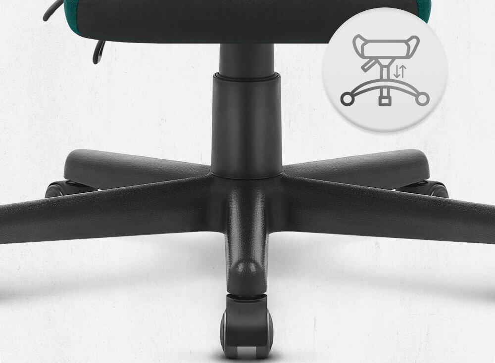 Fotel CABRO C502 Czarno-Zielony Widok na podstawę fotela z ikoną ilustrującą funkcję regulacji wysokości siedziska fotel gamingowy z pięcioramienną nylonową podstawą