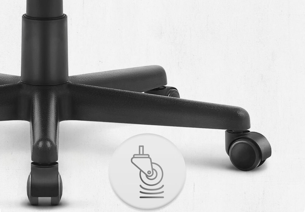 Fotel CABRO C502 Czarno-Zielony Zbliżenie na kółka fotela gamingowego z ikoną sugerującą płynność ruchu lub cichą pracę mechanizmu fotel gamingowy z solidnymi kółkami trwałe materiały ochrona podłogi