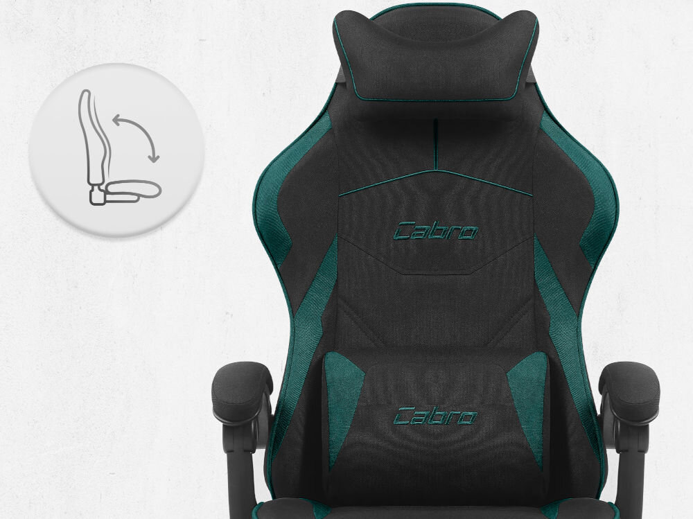 Fotel CABRO C502 Czarno-Zielony Fotel gamingowy widziany od przodu z ikoną ilustrującą mechanizm kołysania siedziska uniwersalny fotel gamingowy do biura i pokoju gracza