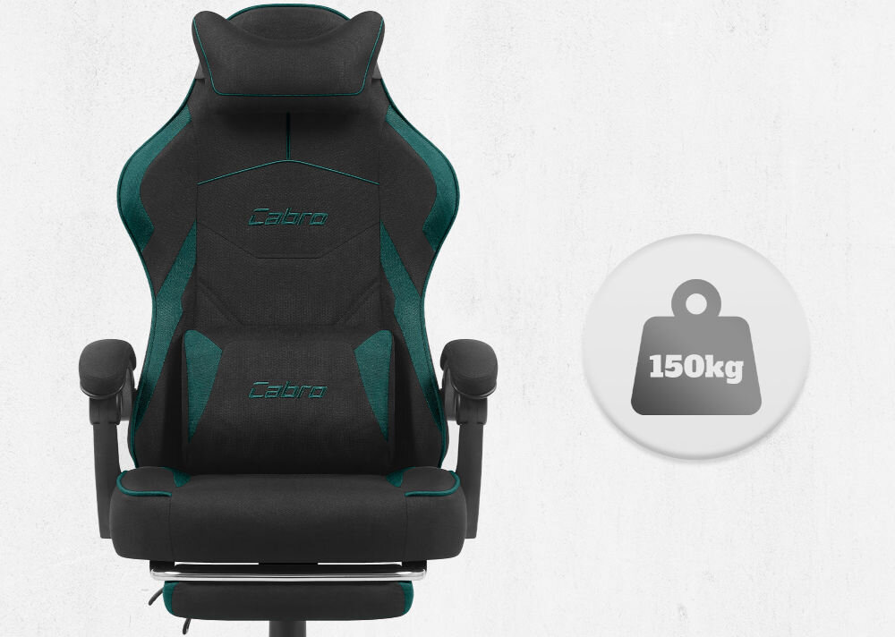 Fotel CABRO C502 Czarno-Zielony Widok od przodu na fotel gamingowy z ikoną informującą o maksymalnym obciążeniu wynoszącym 150 kg wytrzymały fotel gamingowy o nośności 150 kg
