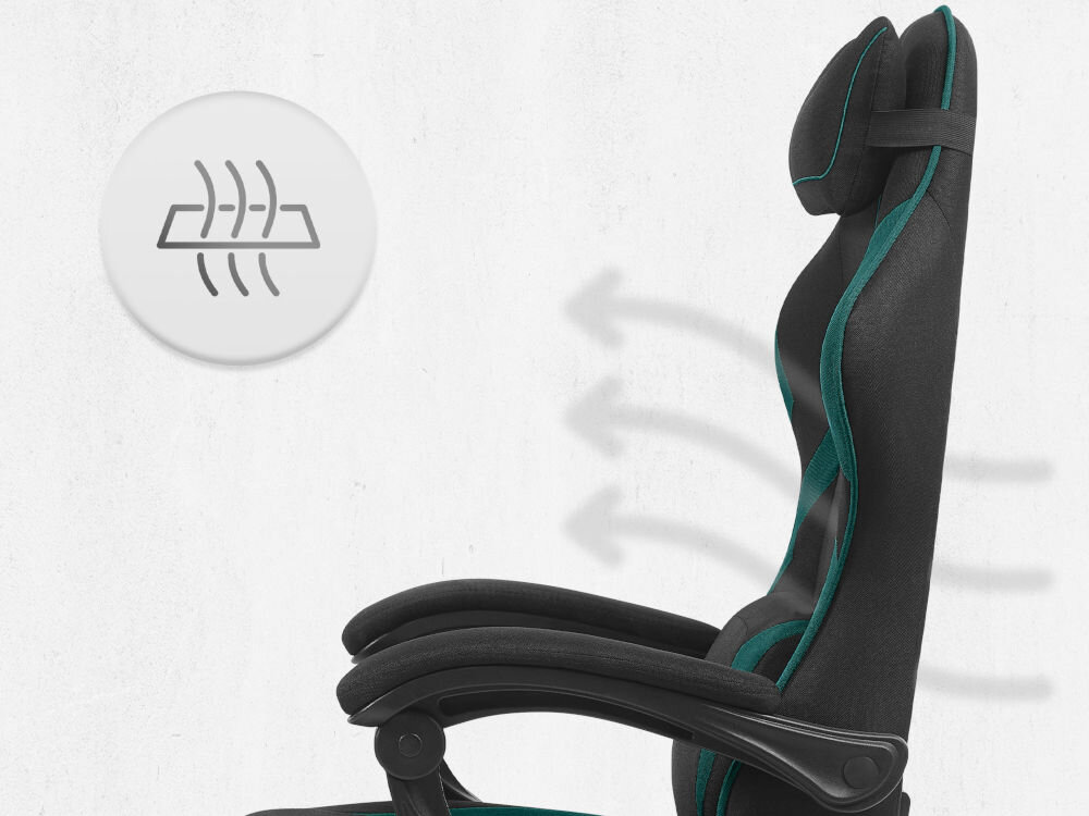 Fotel CABRO C502 Czarno-Zielony Profil fotela gamingowego z naniesionymi strzałkami i ikoną symbolizującą wentylację oraz przepływ powietrza przez oparcie ergonomiczny fotel gamingowy do długiej pracy i grania