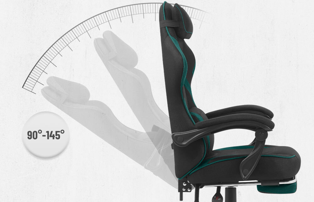 Fotel CABRO C502 Czarno-Zielony Grafika prezentująca mechanizm regulacji kąta nachylenia oparcia fotela w zakresie od 90 do 145 stopni fotel gamingowy z regulacją oparcia do 145 stopni