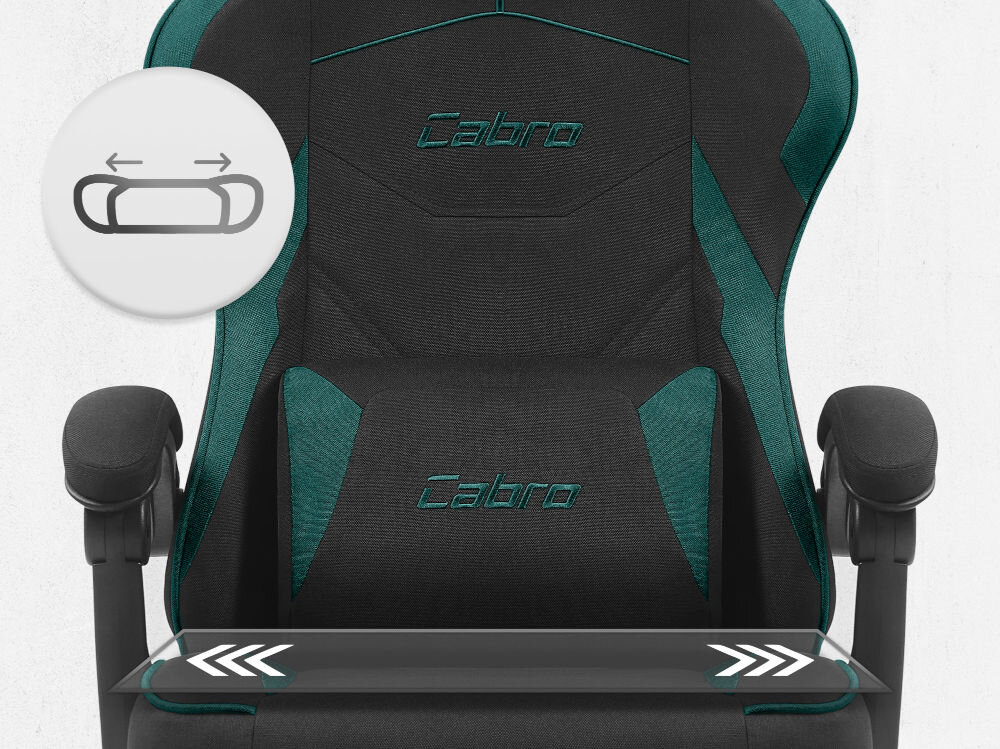 Fotel CABRO C502 Czarno-Zielony Zbliżenie na siedzisko oraz poduszkę lędźwiową fotela gamingowego z logo marki i ikoną profilowanej poduszki fotel gamingowy z ergonomicznym siedziskiem z pianką