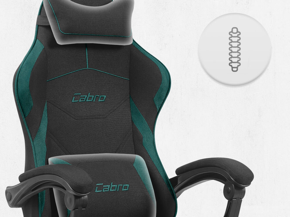 Fotel CABRO C502 Czarno-Zielony Górna część fotela gamingowego z widocznym zagłówkiem i ikoną wsparcia kręgosłupa na całej długości pleców fotel gamingowy z poduszką lędźwiową i poduszką pod kark