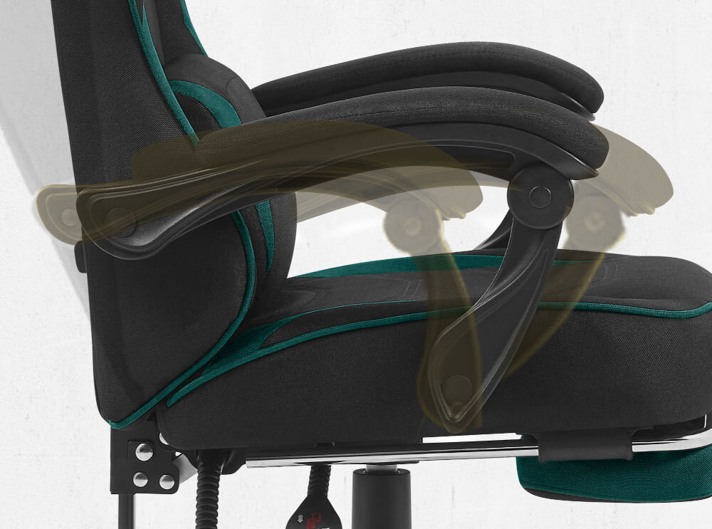 Fotel CABRO C502 Czarno-Zielony Widok z profilu na podłokietnik fotela z graficznym zaznaczeniem możliwości jego regulacji i dopasowania do rąk fotel gamingowy z systemem linkage armrests podłokietników