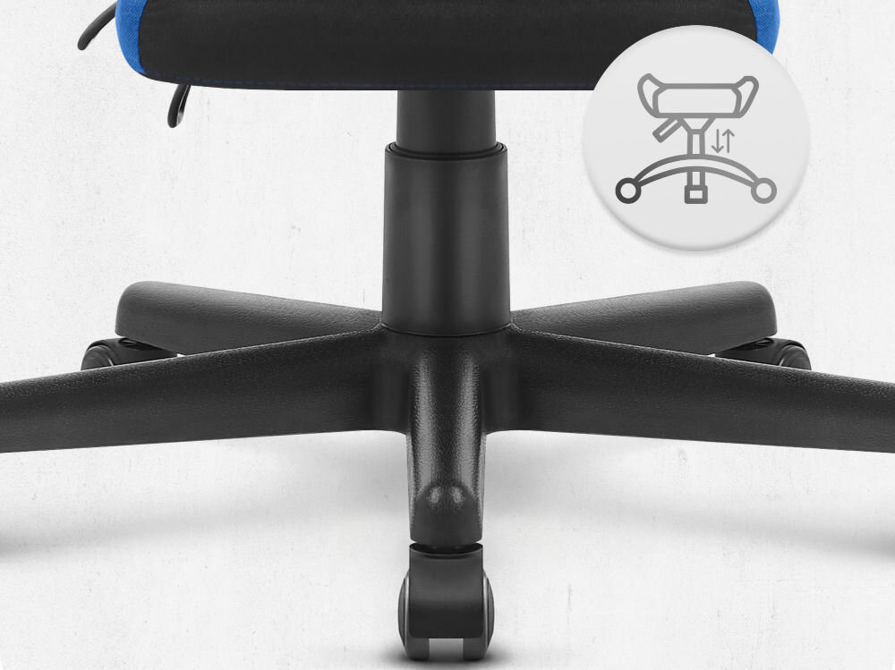 Fotel CABRO C502 Czarno-Niebieski Widok na podstawę fotela z ikoną ilustrującą funkcję regulacji wysokości siedziska fotel gamingowy z pięcioramienną nylonową podstawą
