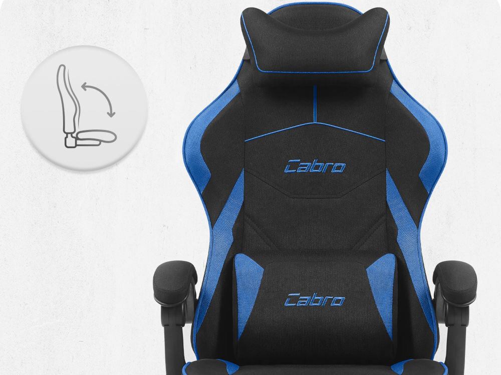 Fotel CABRO C502 Czarno-Niebieski Fotel gamingowy widziany od przodu z ikoną ilustrującą mechanizm kołysania siedziska uniwersalny fotel gamingowy do biura i pokoju gracza