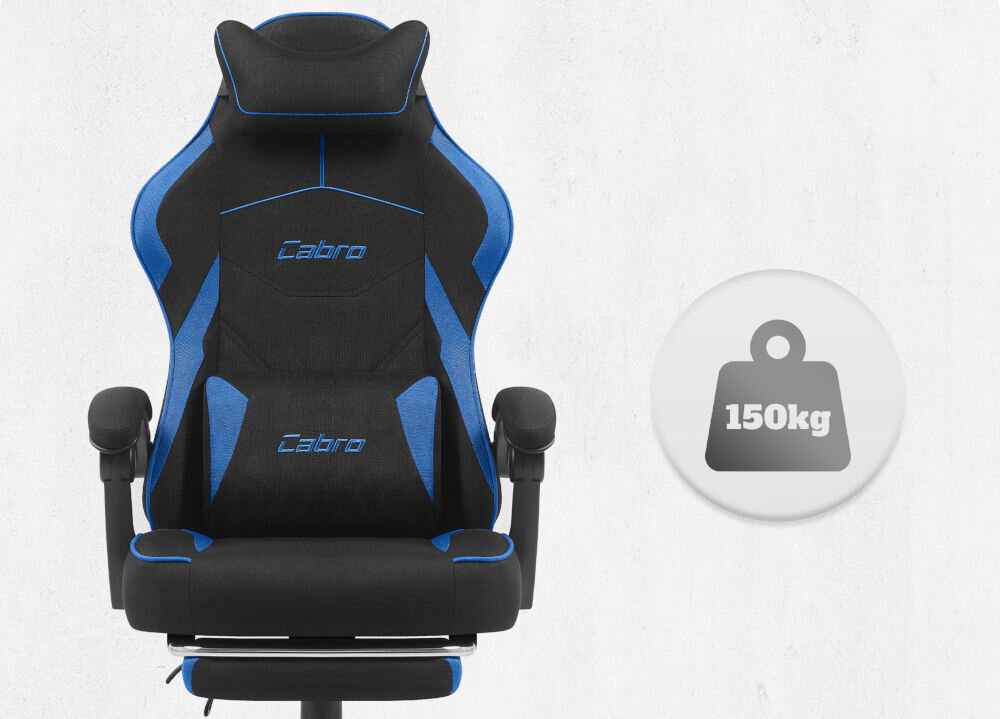 Fotel CABRO C502 Czarno-Niebieski Widok od przodu na fotel gamingowy z ikoną informującą o maksymalnym obciążeniu wynoszącym 150 kg wytrzymały fotel gamingowy o nośności 150 kg