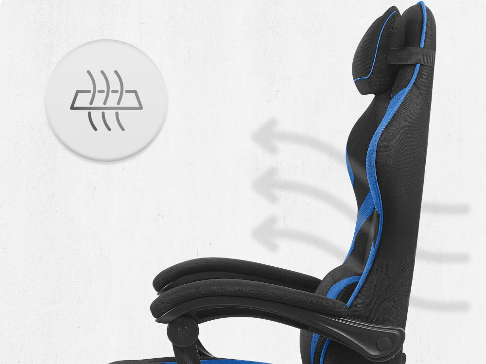 Fotel CABRO C502 Czarno-Niebieski Profil fotela gamingowego z naniesionymi strzałkami i ikoną symbolizującą wentylację oraz przepływ powietrza przez oparcie ergonomiczny fotel gamingowy do długiej pracy i grania