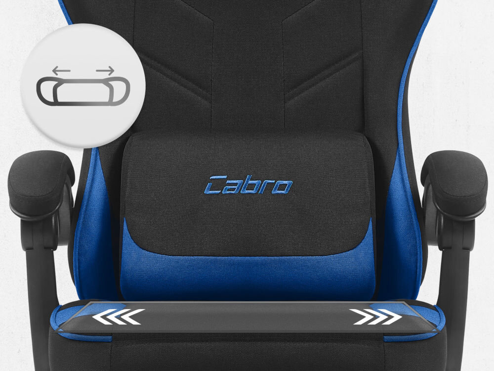 Fotel CABRO C502 Czarno-Niebieski Zbliżenie na siedzisko oraz poduszkę lędźwiową fotela gamingowego z logo marki i ikoną profilowanej poduszki fotel gamingowy z ergonomicznym siedziskiem z pianką