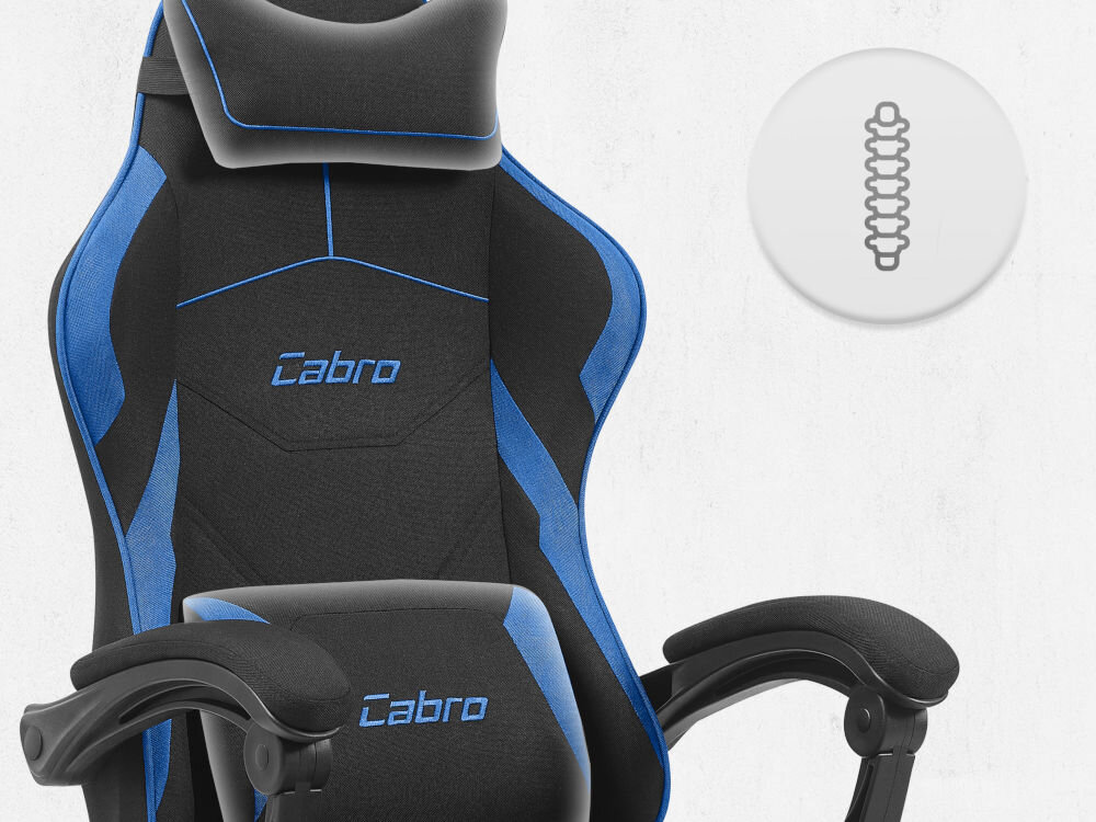 Fotel CABRO C502 Czarno-Niebieski Górna część fotela gamingowego z widocznym zagłówkiem i ikoną wsparcia kręgosłupa na całej długości pleców fotel gamingowy z poduszką lędźwiową i poduszką pod kark