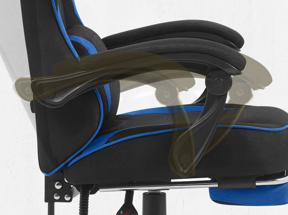 Fotel CABRO C502 Czarno-Niebieski Widok z profilu na podłokietnik fotela z graficznym zaznaczeniem możliwości jego regulacji i dopasowania do rąk fotel gamingowy z systemem linkage armrests podłokietników