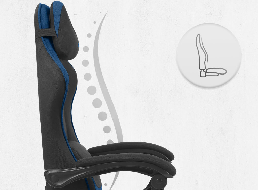 Fotel CABRO C504 Czarno-niebieski  Profil fotela z ikoną prezentującą ergonomiczny kształt oparcia dopasowany do naturalnej krzywizny kręgosłupa ergonomiczny fotel gamingowy do pracy i grania
