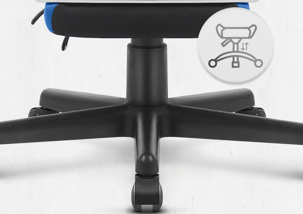 Fotel CABRO C504 Czarno-niebieski  Widok na podstawę fotela z ikoną ilustrującą funkcję regulacji wysokości siedziska fotel gamingowy z pięcioramienną nylonową podstawą