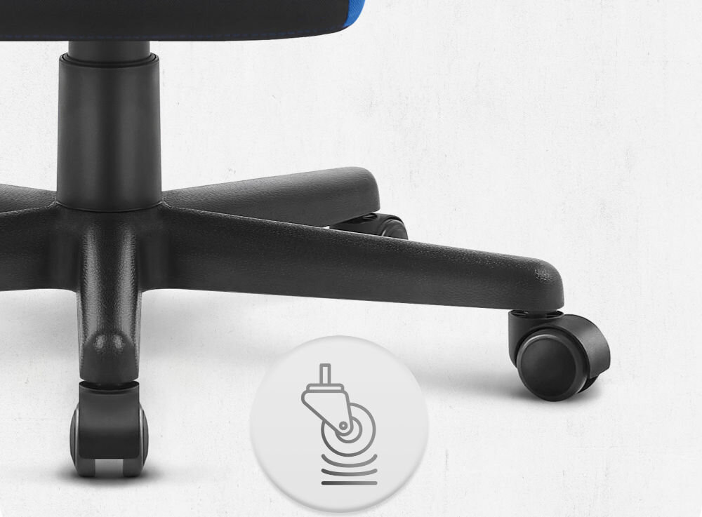 Fotel CABRO C504 Czarno-niebieski  Zbliżenie na kółka fotela gamingowego z ikoną sugerującą płynność ruchu lub cichą pracę mechanizmu fotel gamingowy z solidnymi kółkami trwałe materiały ochrona podłogi