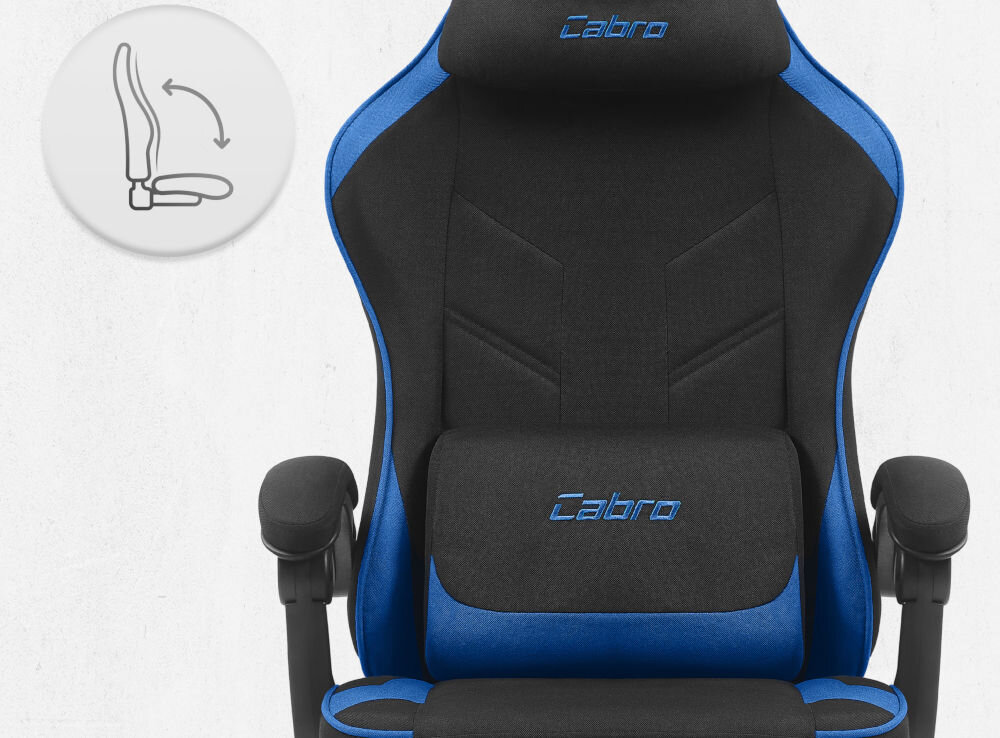 Fotel CABRO C504 Czarno-niebieski  Fotel gamingowy widziany od przodu z ikoną ilustrującą mechanizm kołysania siedziska uniwersalny fotel gamingowy do biura i pokoju gracza