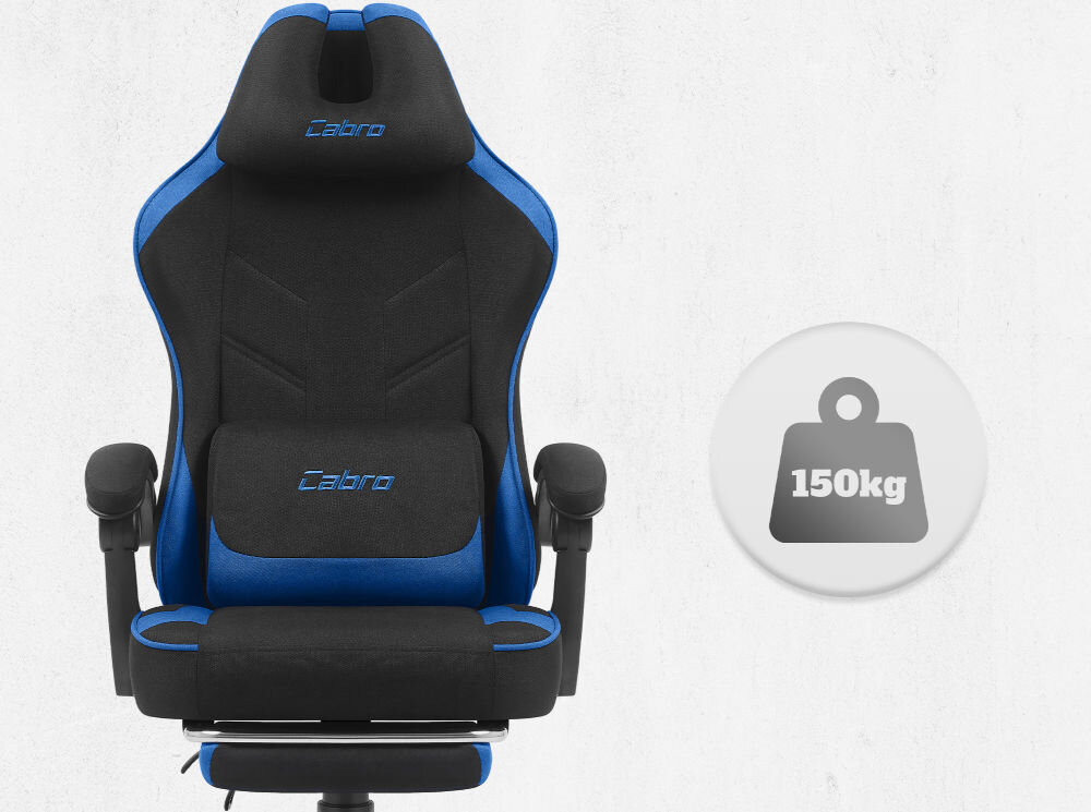 Fotel CABRO C504 Czarno-niebieski  Widok od przodu na fotel gamingowy z ikoną informującą o maksymalnym obciążeniu wynoszącym 150 kg wytrzymały fotel gamingowy o nośności 150 kg