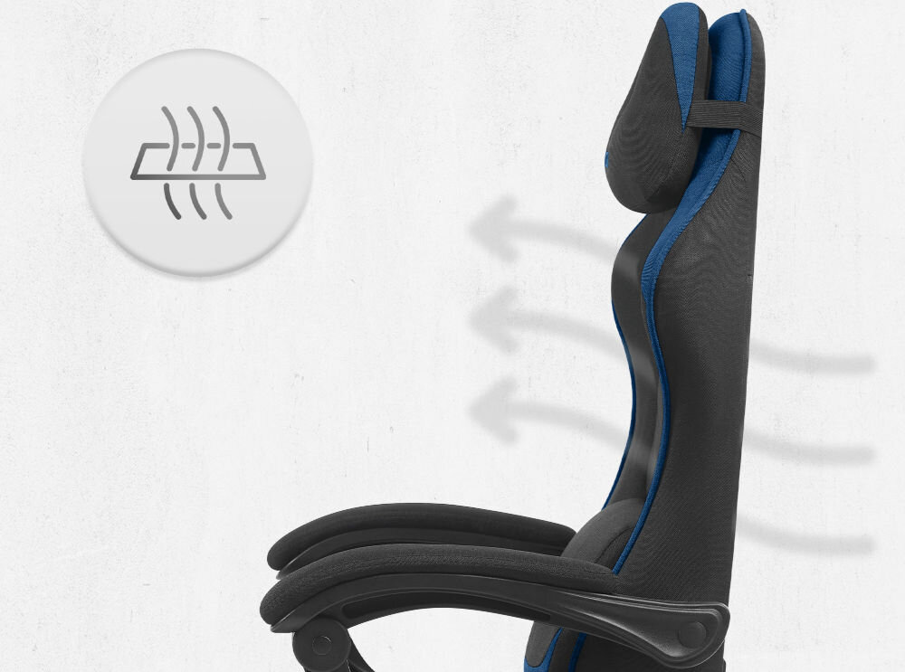 Fotel CABRO C504 Czarno-niebieski  Profil fotela gamingowego z naniesionymi strzałkami i ikoną symbolizującą wentylację oraz przepływ powietrza przez oparcie ergonomiczny fotel gamingowy do długiej pracy i grania