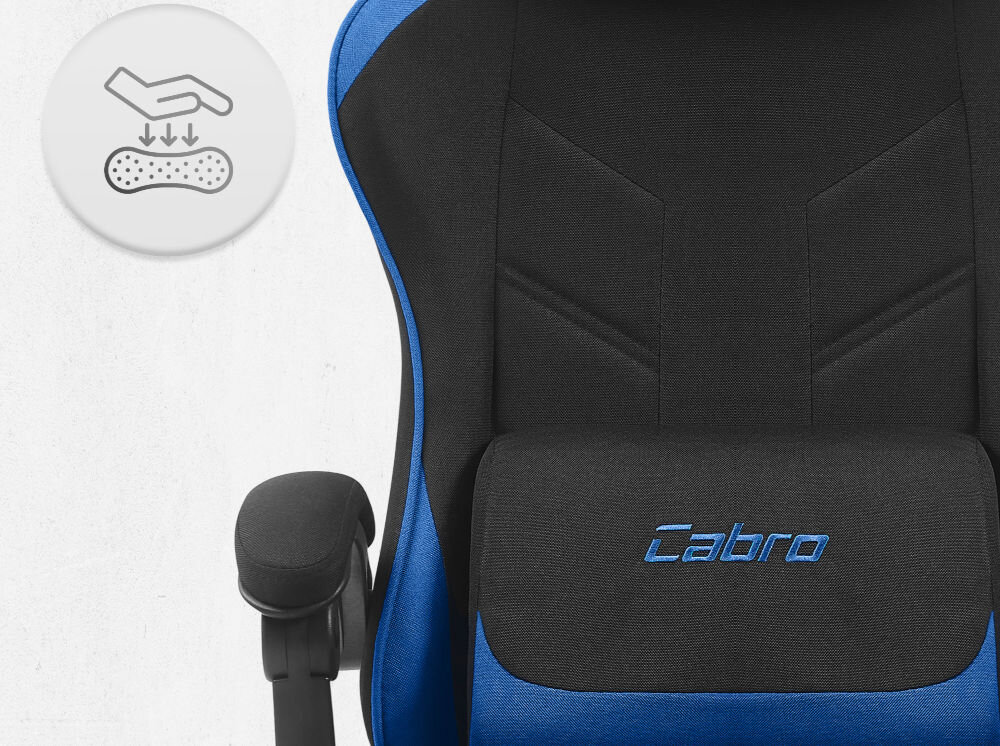 Fotel CABRO C504 Czarno-niebieski  Zbliżenie na oparcie i podłokietnik fotela z ikoną dłoni naciskającej miękką piankę wypełniającą fotel gamingowy z oddychającą tapicerką z tkaniny