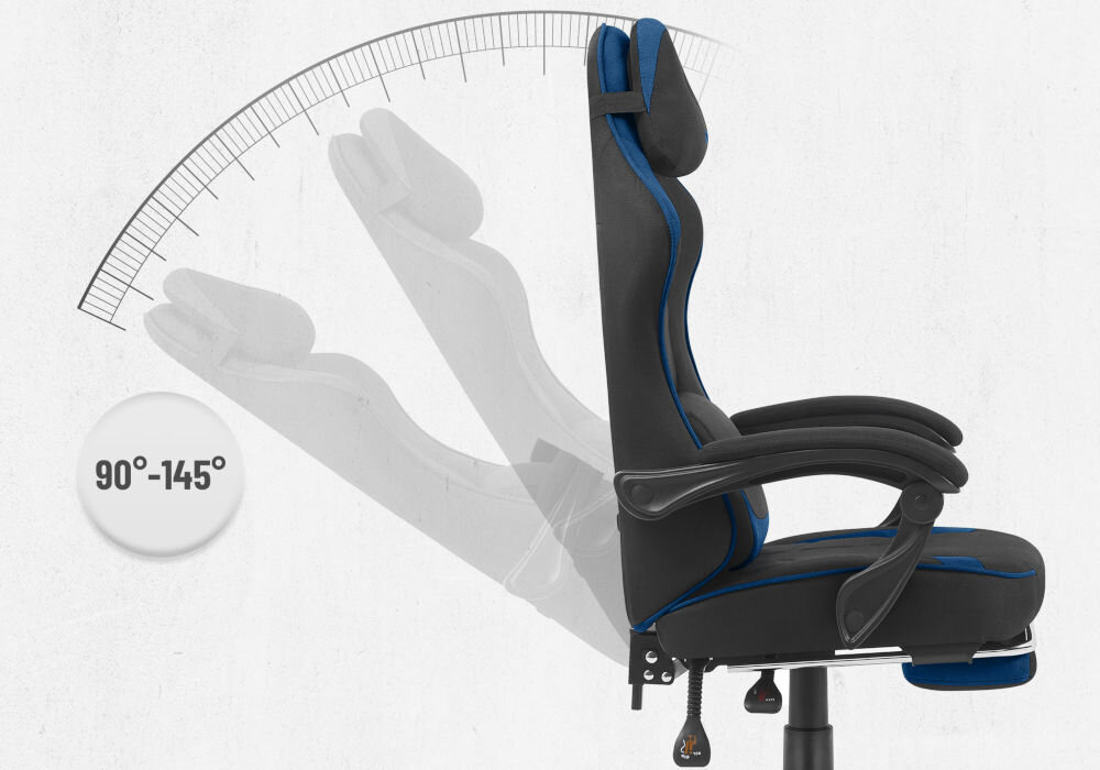Fotel CABRO C504 Czarno-niebieski  Grafika prezentująca mechanizm regulacji kąta nachylenia oparcia fotela w zakresie od 90 do 145 stopni fotel gamingowy z regulacją oparcia do 145 stopni