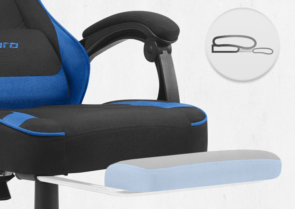 Fotel CABRO C504 Czarno-niebieski  zbliżenie na wysuwany podnóżek jasne tło ikona fotel gamingowy z wysuwanym podnóżkiem do odpoczynku