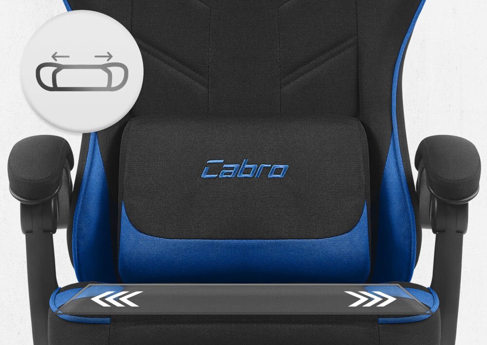 Fotel CABRO C504 Czarno-niebieski  Zbliżenie na siedzisko oraz poduszkę lędźwiową fotela gamingowego z logo marki i ikoną profilowanej poduszki fotel gamingowy z ergonomicznym siedziskiem z pianką