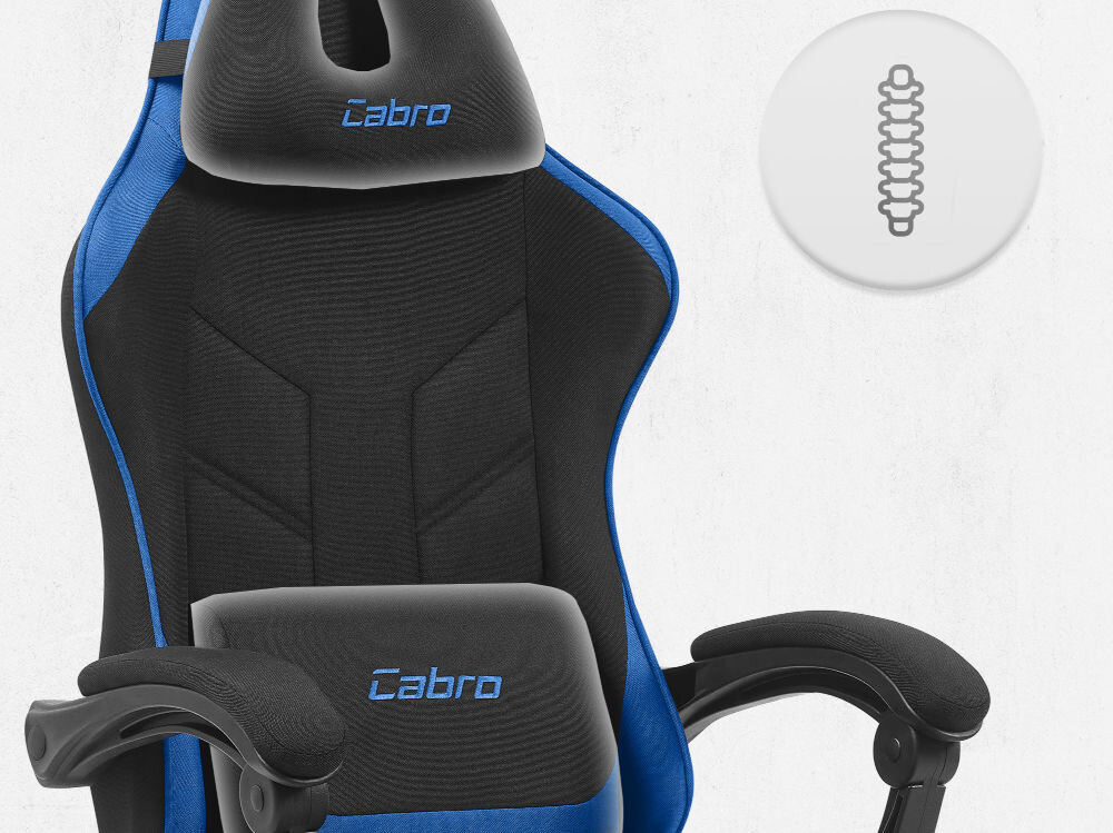 Fotel CABRO C504 Czarno-niebieski  Górna część fotela gamingowego z widocznym zagłówkiem i ikoną wsparcia kręgosłupa na całej długości pleców fotel gamingowy z poduszką lędźwiową i poduszką pod kark