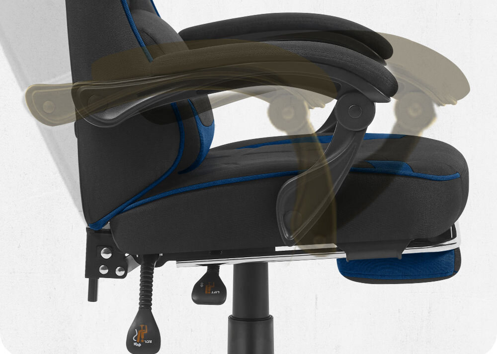 Fotel CABRO C504 Czarno-niebieski  Widok z profilu na podłokietnik fotela z graficznym zaznaczeniem możliwości jego regulacji i dopasowania do rąk fotel gamingowy z systemem linkage armrests podłokietników