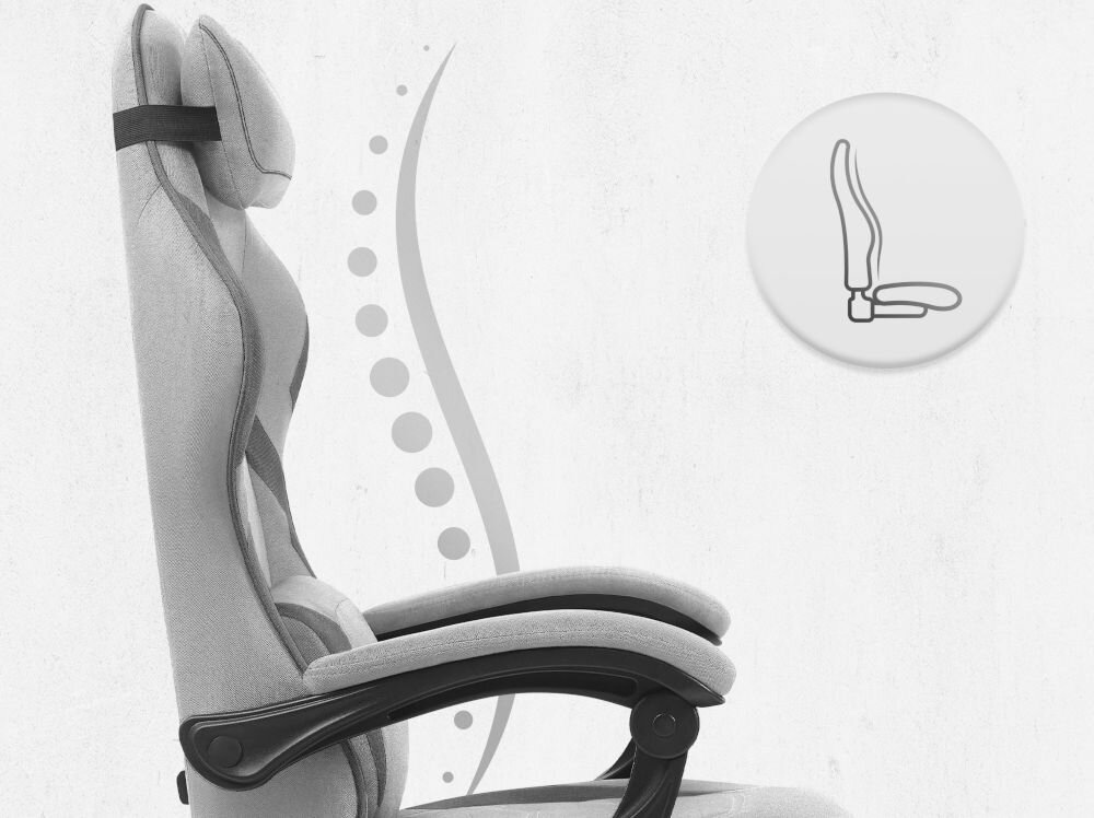 Fotel CABRO C502 Szaro-czarny Profil fotela z ikoną prezentującą ergonomiczny kształt oparcia dopasowany do naturalnej krzywizny kręgosłupa ergonomiczny fotel gamingowy do pracy i grania