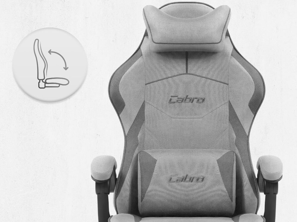 Fotel CABRO C502 Szaro-czarny Fotel gamingowy widziany od przodu z ikoną ilustrującą mechanizm kołysania siedziska uniwersalny fotel gamingowy do biura i pokoju gracza