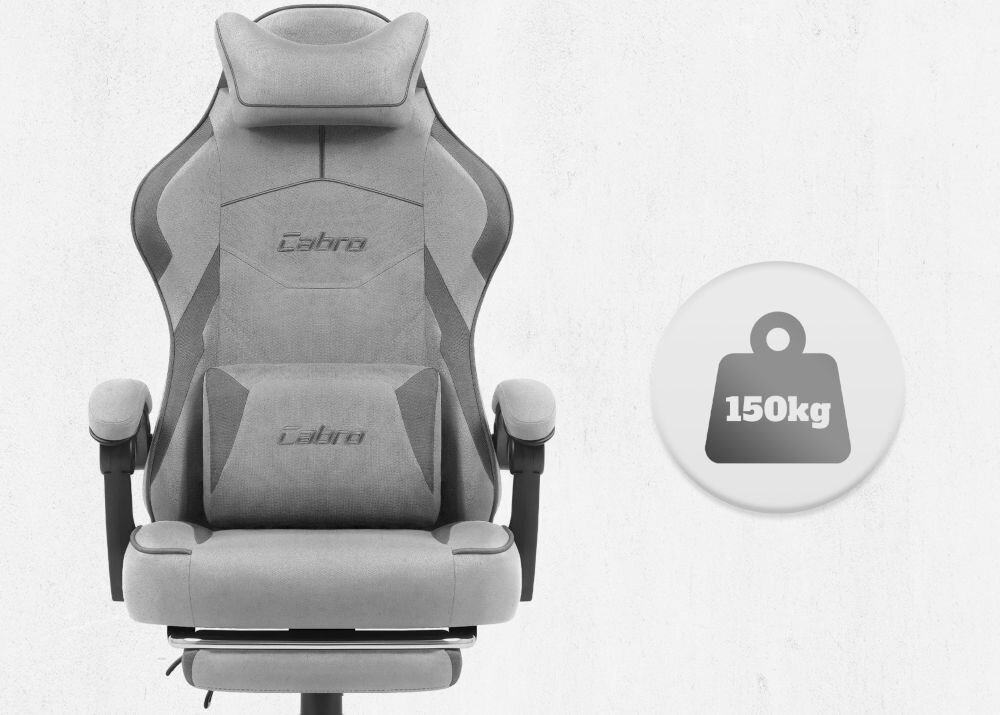 Fotel CABRO C502 Szaro-czarny Widok od przodu na fotel gamingowy z ikoną informującą o maksymalnym obciążeniu wynoszącym 150 kg wytrzymały fotel gamingowy o nośności 150 kg