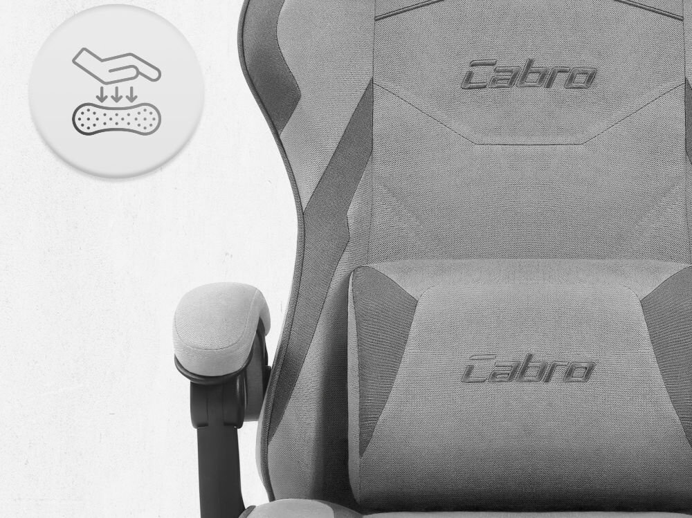Fotel CABRO C502 Szaro-czarny Zbliżenie na oparcie i podłokietnik fotela z ikoną dłoni naciskającej miękką piankę wypełniającą fotel gamingowy z oddychającą tapicerką z tkaniny