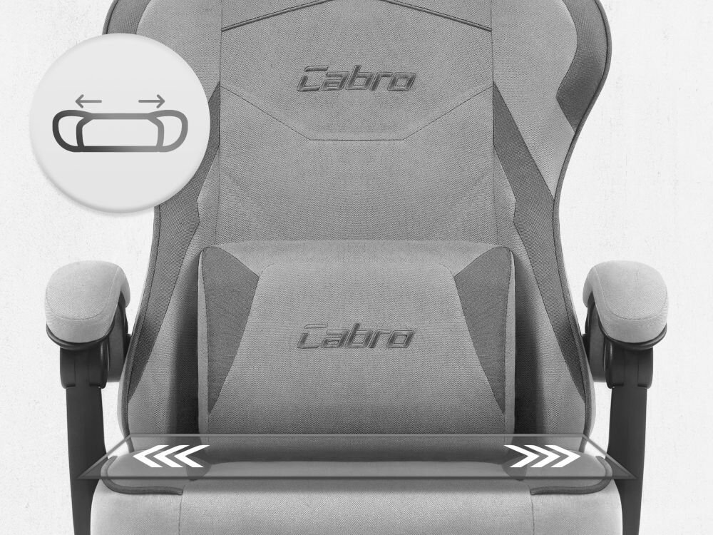 Fotel CABRO C502 Szaro-czarny Zbliżenie na siedzisko oraz poduszkę lędźwiową fotela gamingowego z logo marki i ikoną profilowanej poduszki fotel gamingowy z ergonomicznym siedziskiem z pianką