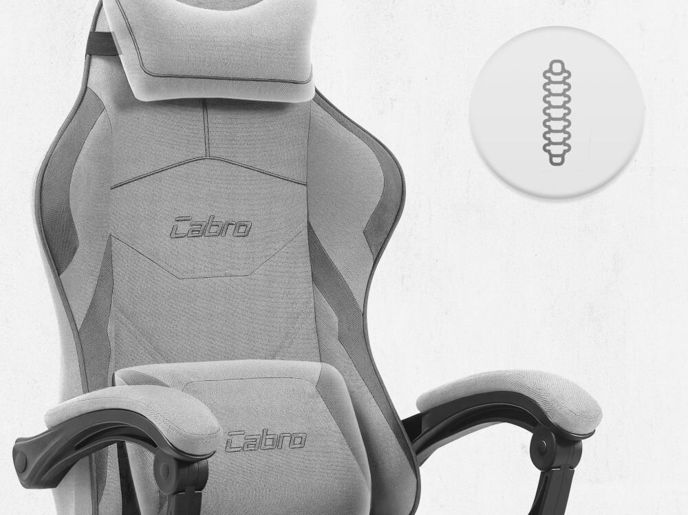 Fotel CABRO C502 Szaro-czarny Górna część fotela gamingowego z widocznym zagłówkiem i ikoną wsparcia kręgosłupa na całej długości pleców fotel gamingowy z poduszką lędźwiową i poduszką pod kark